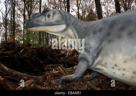 Große Räuber Ceratosaurus Dinosaurier. Lebensechte Dino Statue aus der Jura-Ära im Dinopark Amersfoort Zoo, Niederlande. Stockfoto