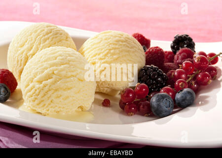 Vanille-Eis-Kugeln und Beerenobst auf Platte Stockfoto