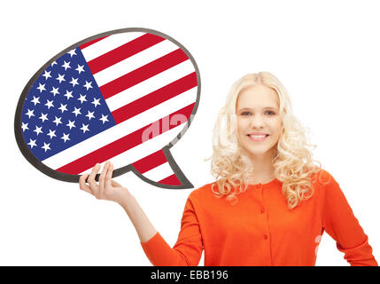 lächelnde Frau mit Text-Blase der amerikanischen Flagge Stockfoto