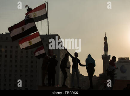 Kairo, Ägypten. 28. November 2014. Anhänger der ägyptischen militärischen Welle Fahnen während einer pro-militärischen Demonstration auf dem Tahrir-Platz in Kairo, Ägypten, am 28. November 2014. Eine schwere Explosion wurde am Freitagnachmittag um Ramses Hilton Hotel in der Nähe von Tahrir-Platz in der Innenstadt von Kairo, hört wo eine pro-militärische Demonstration stattfand. Auf der anderen Seite wurden zwei Menschen bei Kairos Al Matariya Nachbarschaft Tote bei Zusammenstößen zwischen Polizisten und Demonstranten erschossen. Bildnachweis: Pan-Chaoyue/Xinhua/Alamy Live-Nachrichten Stockfoto
