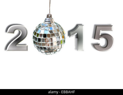 2015 mit einem Disco Ball und Farben Spiegelungen auf weißem Hintergrund Stockfoto