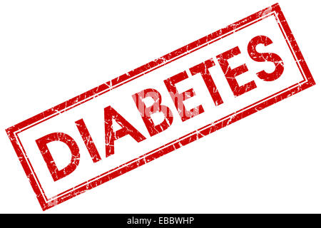 Diabetes rotes Quadrat Grunge Stempel isoliert auf weißem Hintergrund Stockfoto