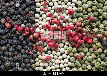 gemischte grüne, schwarze, weiße und rote Pfefferkörner variation Stockfoto