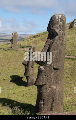 Chile, Osterinsel aka Rapa Nui. Rapa Nui Nationalpark, historische Stätte von Rano Raraku "Steinbruch". Stockfoto