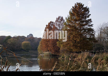 Bäume säumen die Harlem Meer im Central Park in New York City. Stockfoto