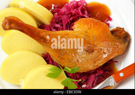 Schüssel mit gebratene Ente mit Kartoffelknödel und Rotkohl geschmort Stockfoto