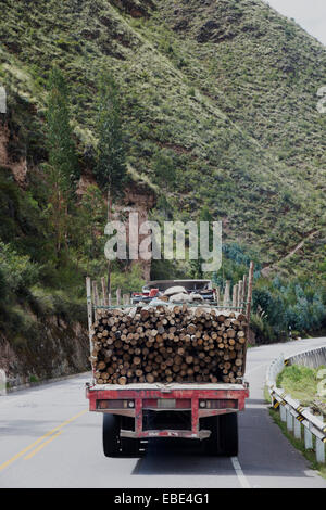 Rückansicht des Logging Truck unterwegs im ländlichen Peru Stockfoto