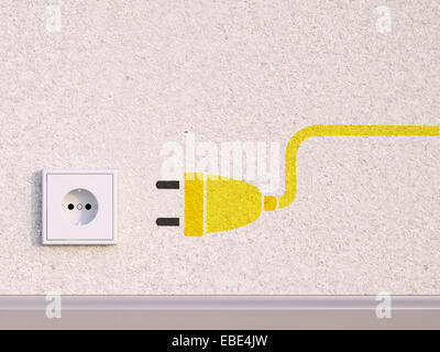 Digitale Illustration der Steckdose auf Betonwand mit Stecker Symbol Stockfoto