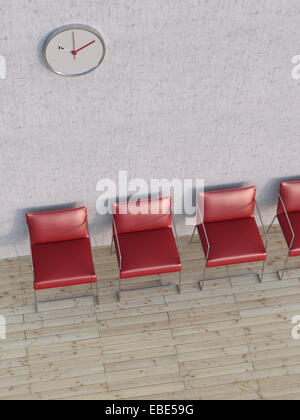 Digitale Abbildung der Overhead Ansicht von vier rot-Stühle in einer Reihe vor Betonwand Stockfoto