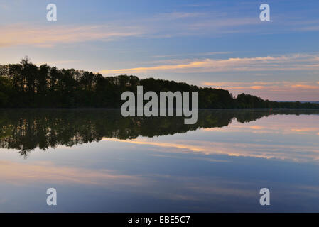 Wolken reflektiert im Fluss Morgen im Frühling, Obernburg, Mains, Untermain, Spessart, Franken, Bayern, Deutschland Stockfoto