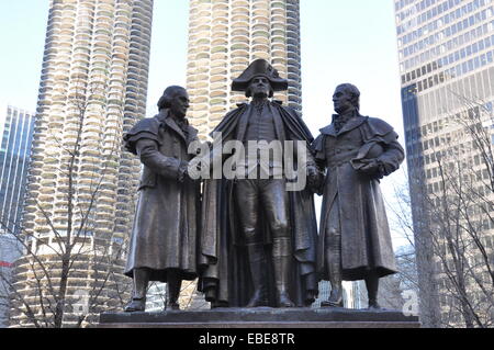 Heald Square Denkmal, eine Bronzeskulptur von General George Washington, Robert Morris, und Haym Salomon in Chicago. Stockfoto