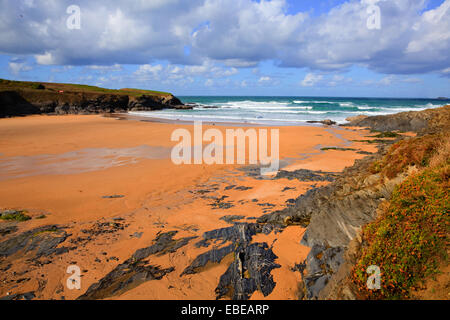 Goldener Sandstrand Treyarnon Bay Cornwall England UK Cornish Nordküste zwischen Newquay und Padstow Stockfoto