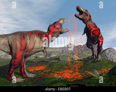 Zwei Tyrannosaurus Rex Dinosaurier kämpfen, um Blut in der Natur Stockfoto