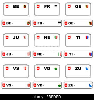 Neun Schweizer Vorder- und Rückseite Platte Zahlen in weißem Hintergrund Stockfoto