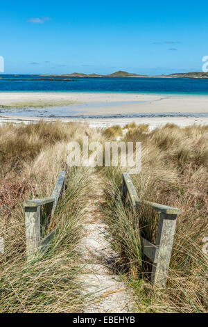 Hölzerne Treppe, die porth Beach in der Nähe von Blockhaus Punkt rushy. tresco, Isles of Scilly, Cornwall, England, Großbritannien Stockfoto