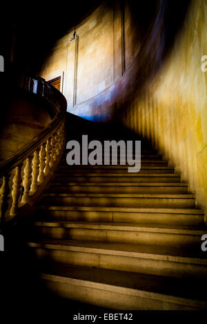 Alte Treppe aus reinem weißem Marmor im gotischen Stimmung Stockfoto