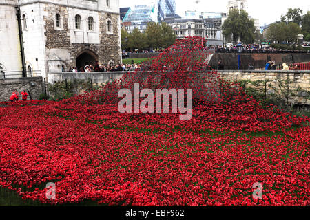 Keramik Mohn Blumen rund um das äußere des Tower of London, Nordufer, London City, England, UK. Stockfoto