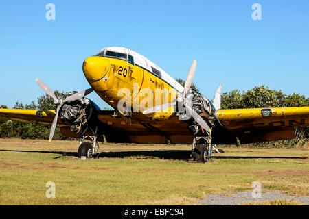 Eine alte gelb lackiert Douglas DC-3 wartet auf Restaurierung oder Verschrottung auf eine Luftfahrt-Schrottplatz in Florida Stockfoto