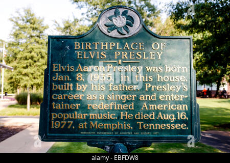 Geburtsort von Elvis Presley nationale historische Gedenktafel in Tupelo MS Stockfoto