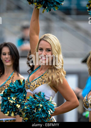 Jacksonville, FL, USA. 30. November 2014. Jacksonville Jaguars Cheerleader das Gebrüll führen Sie vor dem Start der 1. Hälfte NFL Spiel Action zwischen den New York Giants und die Jacksonville Jaguars in EverBank Field in Jacksonville, FL © Csm/Alamy Live-Nachrichten Stockfoto