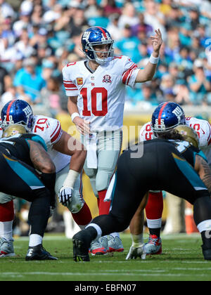 Jacksonville, FL, USA. 30. November 2014. New York Giants quarterback Eli Manning (10) während der 1. Hälfte NFL Spiel Action zwischen den New York Giants und die Jacksonville Jaguars in EverBank Field in Jacksonville, FL © Csm/Alamy Live-Nachrichten Stockfoto