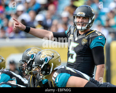 Jacksonville, FL, USA. 30. November 2014. Jacksonville Jaguars quarterback Blake Bortles (5) während der 1. Hälfte NFL Spiel Action zwischen den New York Giants und die Jacksonville Jaguars in EverBank Field in Jacksonville, FL © Csm/Alamy Live-Nachrichten Stockfoto