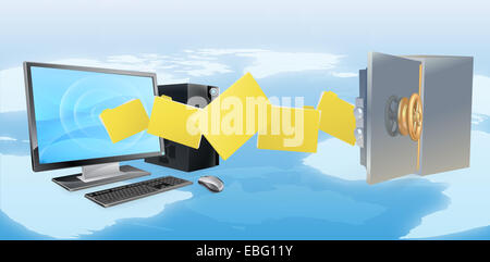 Computer sicher sichere Übertragung backup-Konzept von Dateien verschieben von Computer zu sicher mit Weltkarte im Hintergrund. Stockfoto