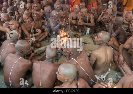 Um ein Lagerfeuer sitzen und singen von Mantras im Rahmen der Einleitung der neuen Sadhus, während Kumbha Mela Festival, Allahabad Stockfoto