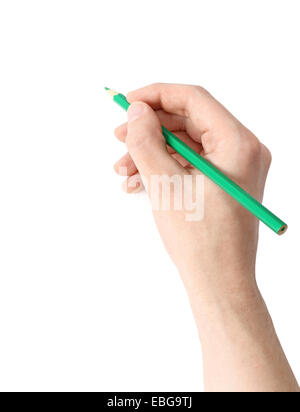 Männer Hand mit einem Bleistift auf einem weißen Hintergrund Stockfoto