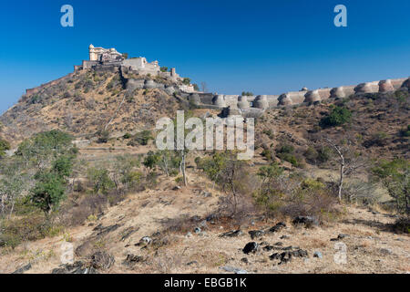 Kumbhalgarh Fort oder Kumbhalmer Fort mit einer Festungsmauer, Kumbhalgarh, Rajasthan, Indien Stockfoto