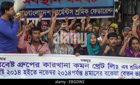 Dhaka, Bangladesch. 1. Dezember 2014. Kleidungsstücke Arbeiter der gemeinsamen Bedrohung Ltd machte Protest vor Presseclub Dhaka forderte ihre drei Monatslohn und Löhne. Bildnachweis: Zakir Hossain Chowdhury/ZUMA Draht/Alamy Live-Nachrichten Stockfoto