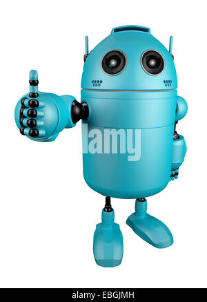 Blauer Roboter Daumen aufgeben.  Über weiße Zeitmessung isoliert Stockfoto