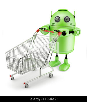 Android mit Warenkorb. Isoliert auf weißem Hintergrund Stockfoto