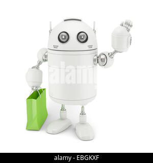 Roboter mit Einkaufstasche. Auf weißem Hintergrund gerendert Stockfoto