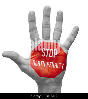 Stoppschild Todesstrafe gemalt, offene Hand erhoben, Isolated on White Background. Stockfoto