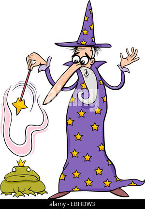 Cartoon Illustration Fantasy Zauberer mit magischen Zauberstab zaubern und verzauberten Frosch Stockfoto