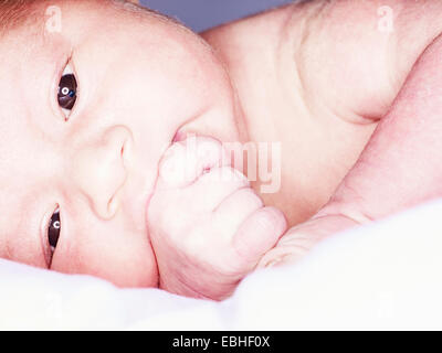 Nahaufnahme eines kleinen Jungen in die Krippe Daumenlutschen Stockfoto