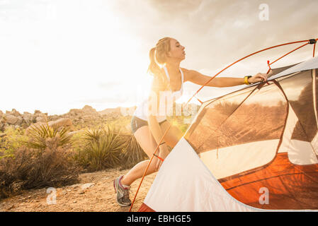 Frau, Zelt, Joshua Tree Nationalpark, Kalifornien, USA Stockfoto