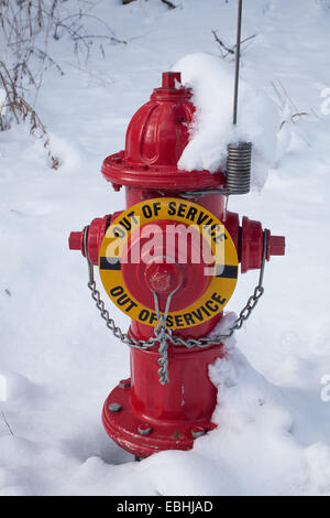 Ein Hydranten New England ist mit Schnee gekrönt.  dieser Hydrant ist neu und noch nicht im Dienst. Stockfoto