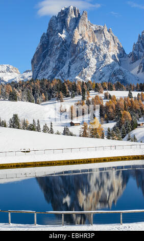 Reflexion der Langkofel (Langkofel) Dolomiten Mountain Top in einem See auf der Seiser Alm (Alpe di Siusi) in Italien. Stockfoto