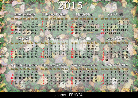 Kalender für das Jahr 2015 auf dem Hintergrund der grünen Moos und Blätter im Herbst Stockfoto