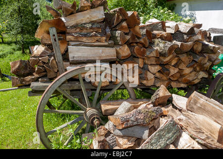 Kaminholz-Holzscheite in Stapeln vor einem Ferienhaus gestapelt alter Wagen Holzwagen Cottage, ländliche, gehackte Holzlagerung Kaminholz-Holzstapel Holzstapel, Stapel Stockfoto