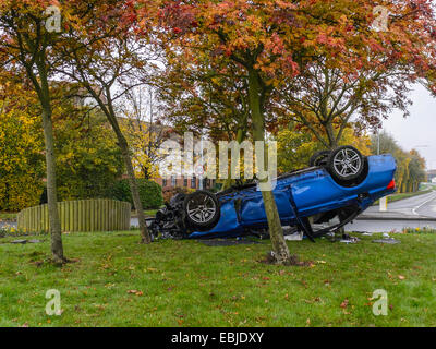 Ungewöhnliche Kraftfahrzeug-Verkehrsunfall, Darstellung blau Sport Limousine Fahrzeug auf dem Dach zwischen den Bäumen auf einer Verkehrsinsel Kreisverkehr Stockfoto