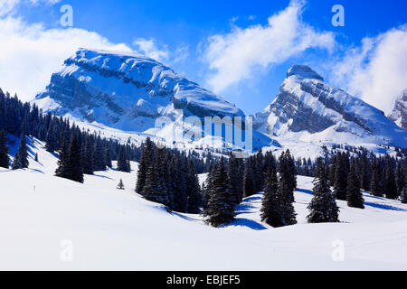 Churfirsten-Bergkette im Winter, Schweiz, Toggenburg Stockfoto