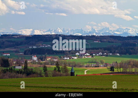 Blick auf Endmoränenlandschaft und Alpen, Deutschland, Bayern, Isental, Dorfen Stockfoto