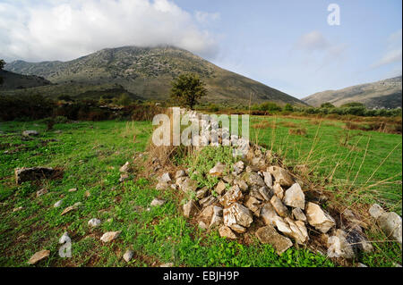 Natursteinmauer auf einer Wiese in einer Hügellandschaft auf der Halbinsel Mani, Griechenland, Peloponnes, Mani Stockfoto