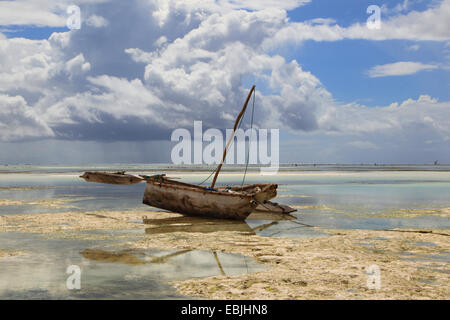 Dhau bei Ebbe am Strand, Tansania, Sansibar Stockfoto