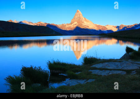 Matterhorn Spiegelung im See Stellisee bei Sonnenaufgang, Schweiz, Wallis Stockfoto