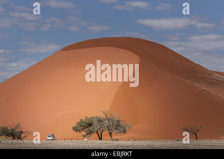 Allrad-LKW geparkt auf Basis der riesigen Sanddüne, Sossusvlei-Nationalpark, Namibia Stockfoto