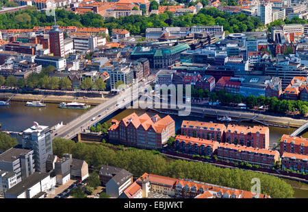 Luftbild von der Schlachte mit der Halbinsel Teerhof am Fluss Weser, Deutschland, Bremen Stockfoto